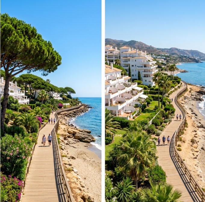 Vistas de la Senda Litoral, los pinares y las urbanizaciones costeras de Mijas Costa en Málaga